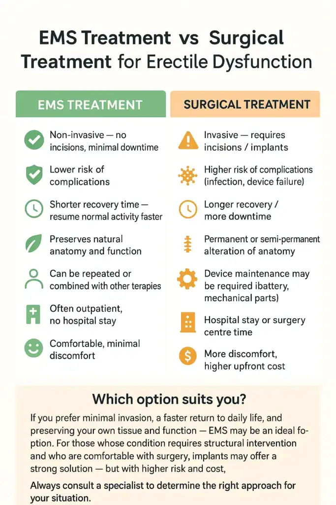 A table showing the benefits of EMS chair for erectile dysfunction treatment Wolverhampton compared to surgery.