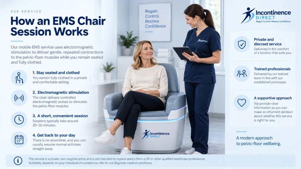 how ems chair session works at incontinence direct Wolverhampton a detailed infographics for the incontinence process
