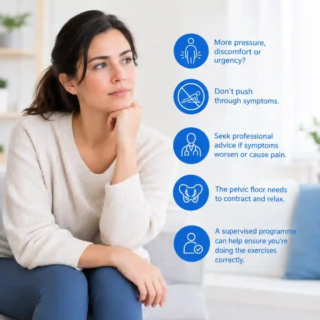 Pelvic-floor exercises Wolverhampton involve controlled contraction and relaxation. Persistent pressure, discomfort or urinary urgency may warrant professional assessment.